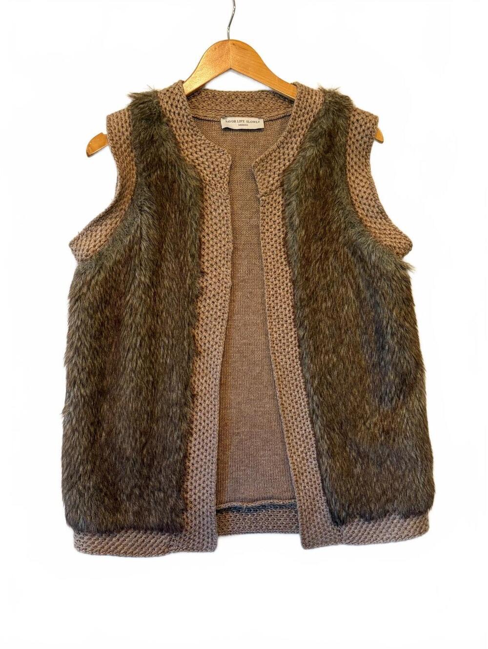 Savor Life Slowly Faux Fur Knit Vest Womens M Brown Boho Open Front